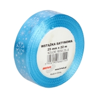Wstążka satynowa 25mmx22m śnieżynki biało/niebieski Brewis