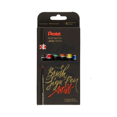 Pisaki artystyczne 6kol podstawowych Artist Brush Sign Pen Pentel