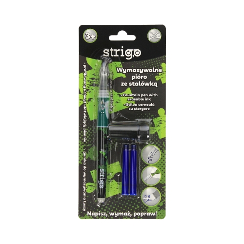 Pióro wieczne wymazywalne zielone z gumką + dwa naboje Strigo
