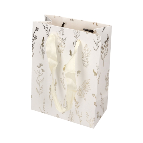 Torebki ozdobne papierowe białe 35x10x12 złote trawy B - 5szt.