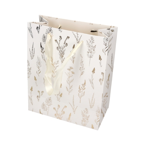 Torebki ozdobne papierowe białe 25x10x20 złote trawy M - 5szt.