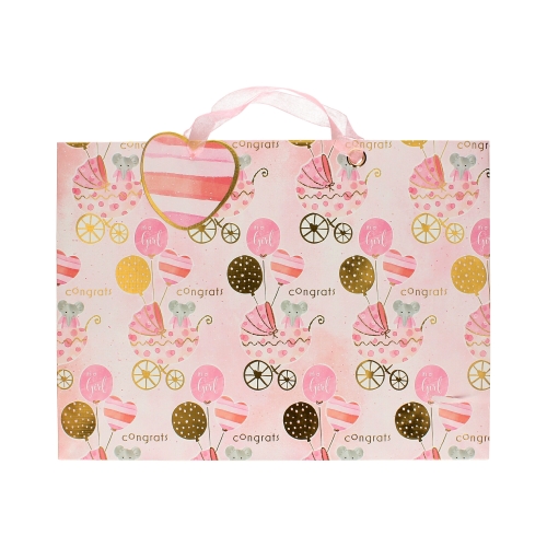 Torebki ozdobne papierowe 31x12x42 Wózeczek Balon XL różowe - 5szt.