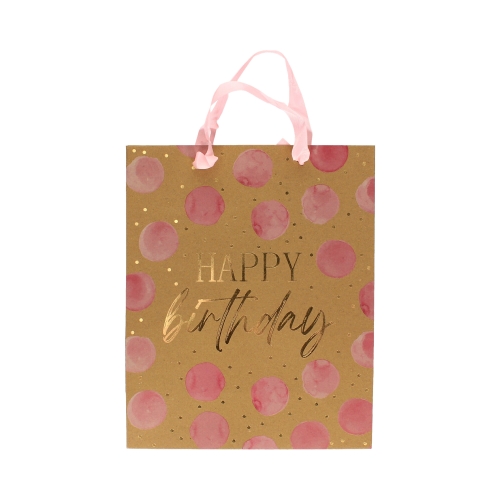 Torebki ozdobne papierowe 32x12x26 Urodziny kropki różowe L - 5szt.