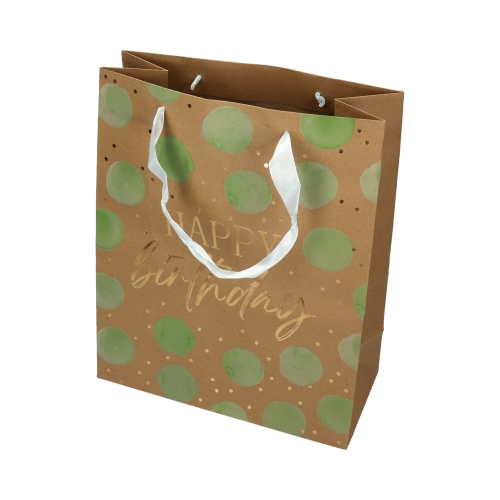 Torebki ozdobne papierowe 32x12x26 Urodziny kropki zielone L - 5szt.