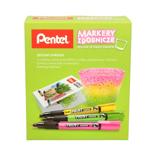 Zestaw markerów zdobniczych - żółty/zielony/różowy + świecznik