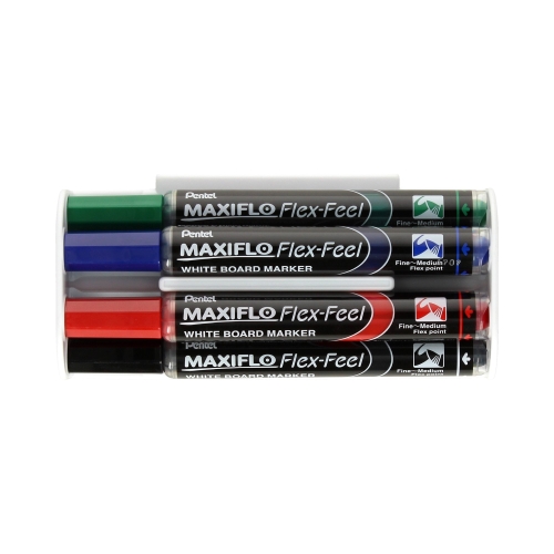 Markery do tablic 4kol + gąbka magnetyczna, elastyczna końcówka Pentel Maxiflo