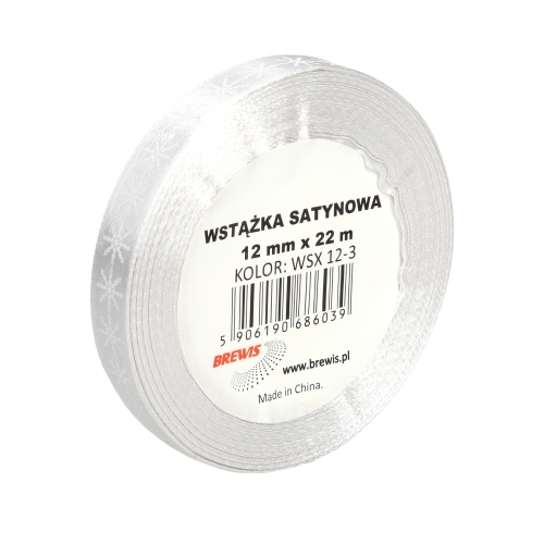 Wstążka satynowa 12mmx22m śnieżynki biało-srebrne Brewis