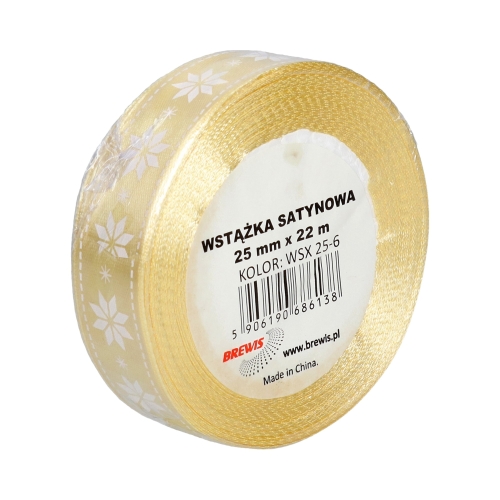 Wstążka satynowa 25mmx22m śnieżynki biało/beżowe Brewis