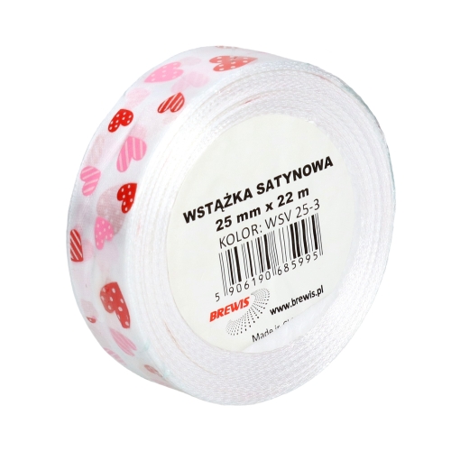 Wstążka satynowa 25mmx22m serca biała Brewis 3