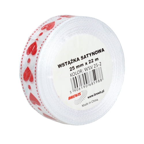 Wstążka satynowa 25mmx22m serca biała Brewis 2