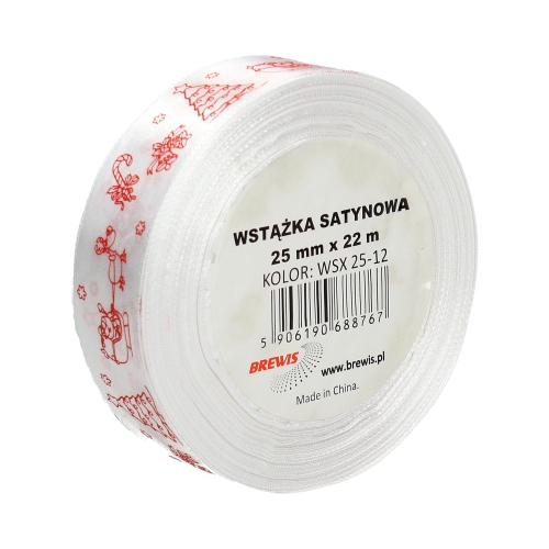 Wstążka satynowa 25mmx22m biała - motyw święta Brewis WSX25-12
