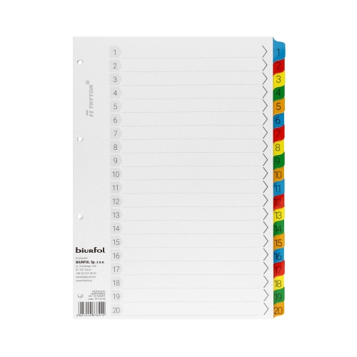 Przekładki kartonowe A4 1-20 numeryczne Biurfol