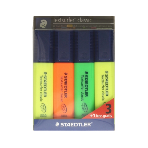 Zakreślacz 3kol + żółty gratis Texsurfer Staedtler S364SWP4P