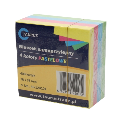 Karteczki samoprzylepne 76x76/400 4kol pastelowe Taurus