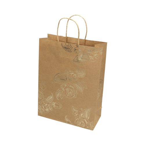 Torebki papierowe 33x10x24 złote kwiaty Kraft - 5szt.